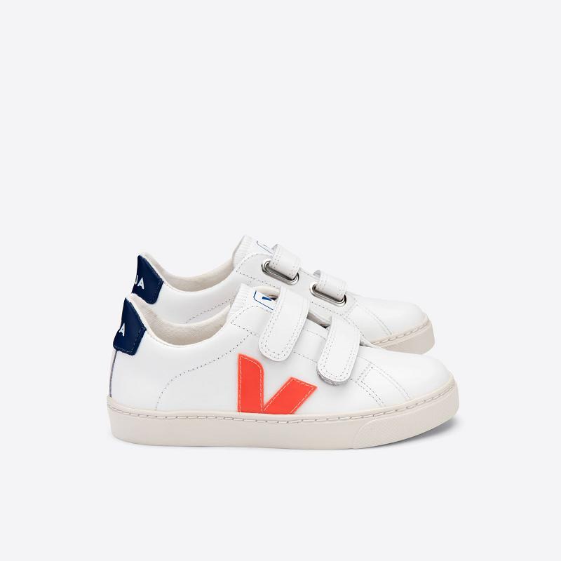 Zapatillas Veja Niños España - Esplar Velcro Tenis Blancas Naranjas Cuero ES2527875